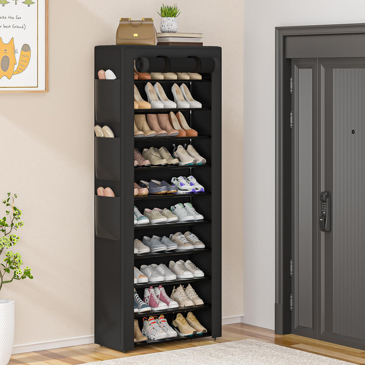 OYREL Large Shoe Rack, Black, 6 Side Pockets, 23.6" Wide x 11.4" Deep x 68.9" Tall, 36-41 Pairs of Shoes OYREL