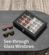 NEWLOOP Sunglass Organizer for Women Men - Multiple Pair of Sunglasses Storage Box Eye Glass Watch Leather Display Case with 10 Slots Black NEWLOOP