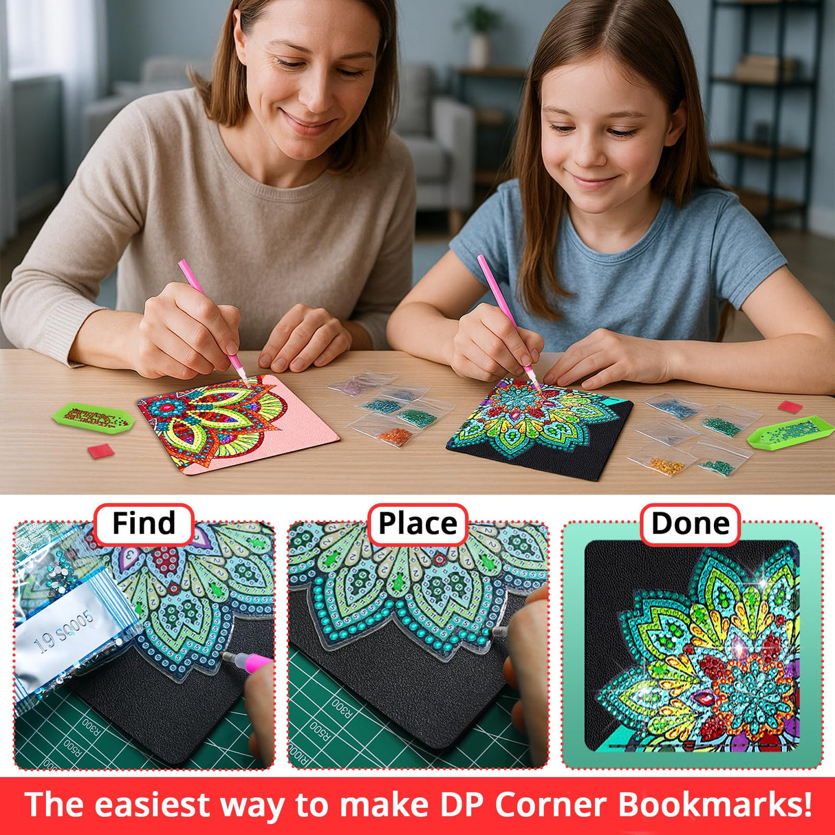 8 PCs Christmas Diamond Art Corner Bookmarks Leather Dimond Painting Book Mark Kit for Adults Paint by Dots Bookmarkers Craft DIY Gem Small Dotz Gifts for Women Mandala Flower Black Lotus CharySim