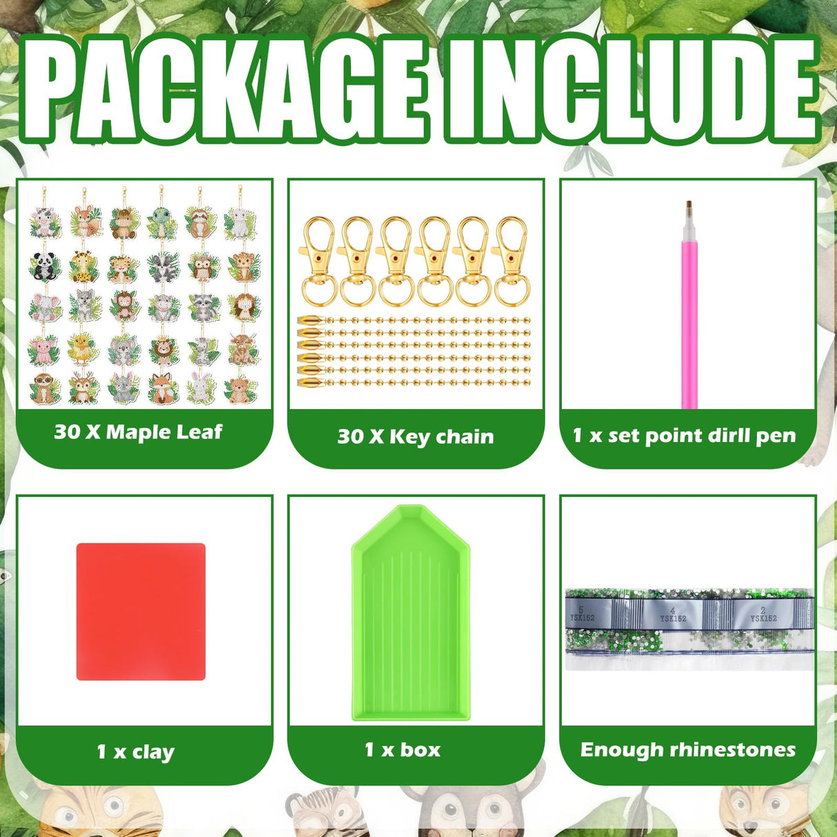 WILLBOND 30 Pcs Jungle Animals Diamond Art Keychain Ornaments DIY Double Sided Jungle Animals Diamond Painting Keychain Kits for Adults Key Ring Art Pendant Tree Decor WILLBOND