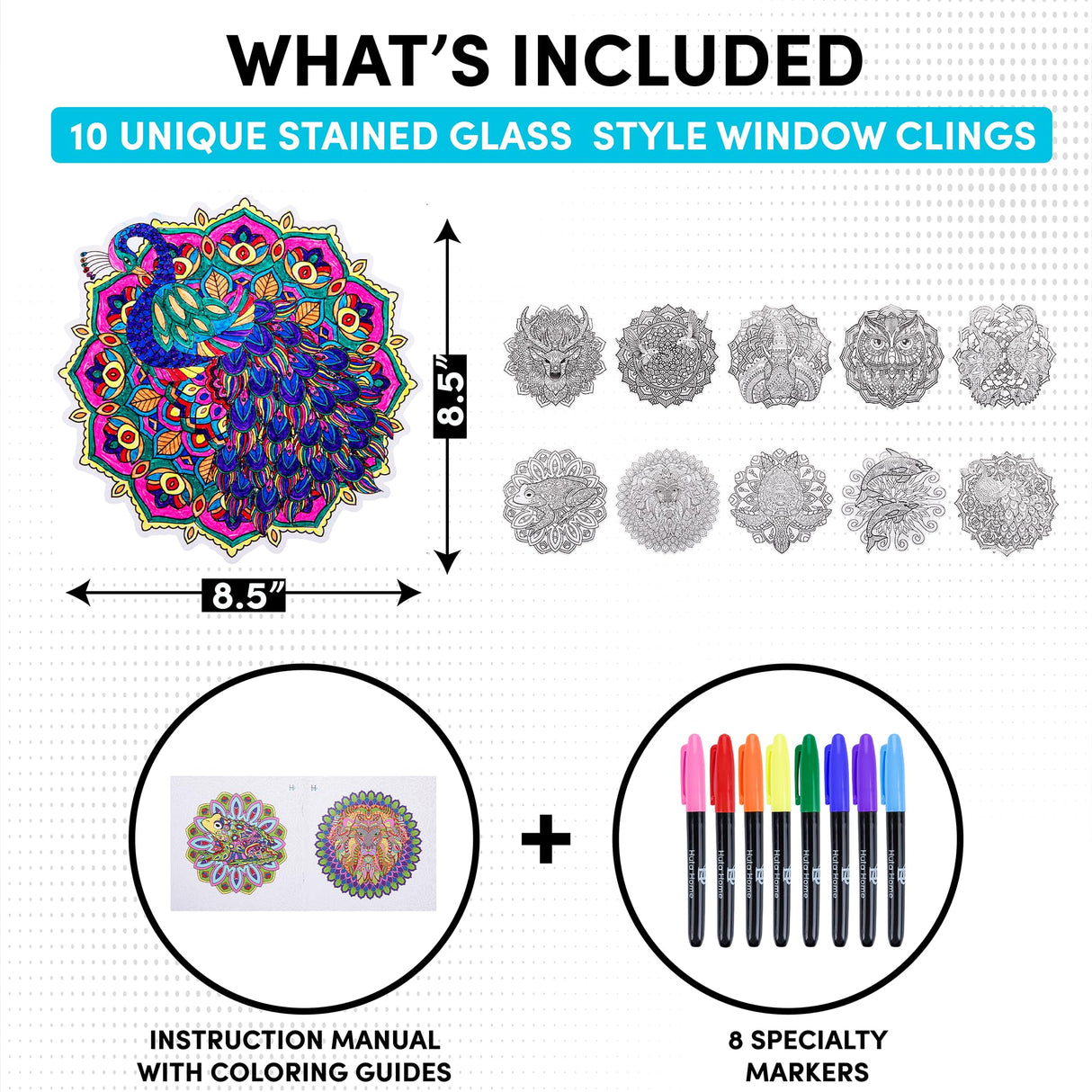 Hula Home Stained Glass Mandala Art Kit - Animal DIY Window Clings with Markers, 10 Suncatchers - Perfect Hobby for Adults, Kids, Teens & Seniors - Ideal Gift for Beginners, Women & Elderly - New Hula Home