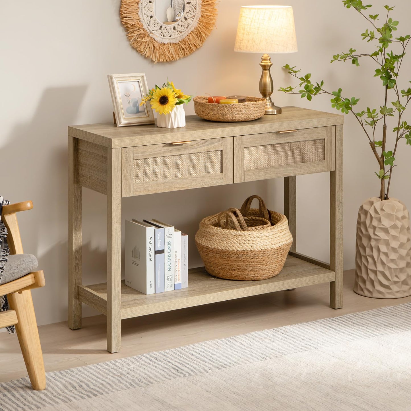 SICOTAS Boho Rattan Console Table with Storage – Light Oak Entryway Table with Drawers and 2-Tier Shelf