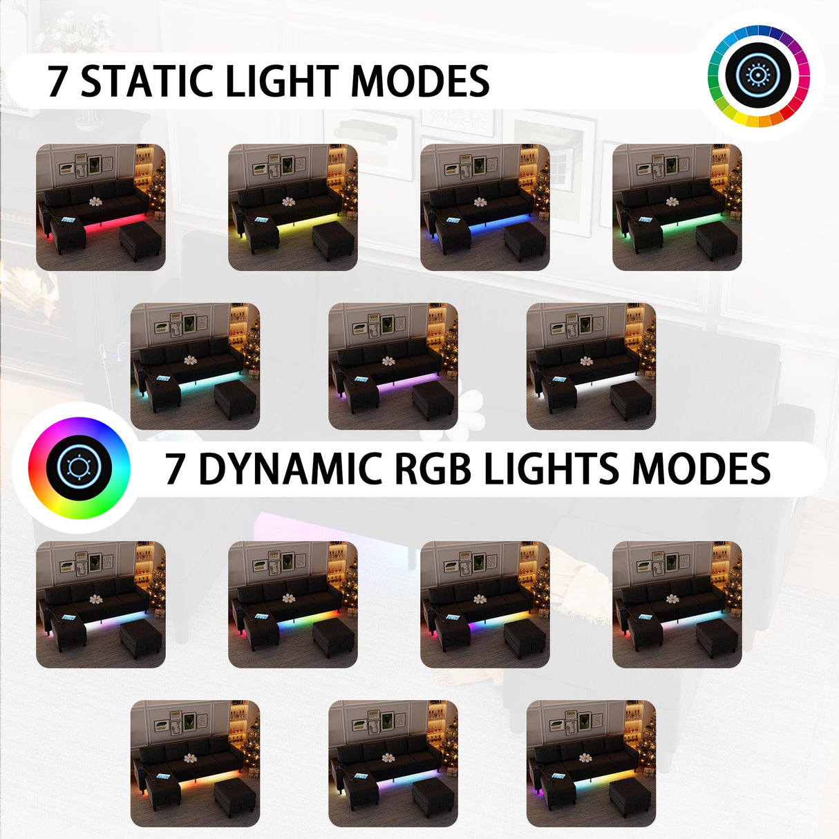 HYZQ Sectional Couches for Living Room, 4 Seat Linen Sectional Sofa with Reversible Chaise Lounge/Storage Ottoman, U Shaped Couch with Smart Module-Wireless Charging/USB/Type-C/RGB Light (Black) HYZQ