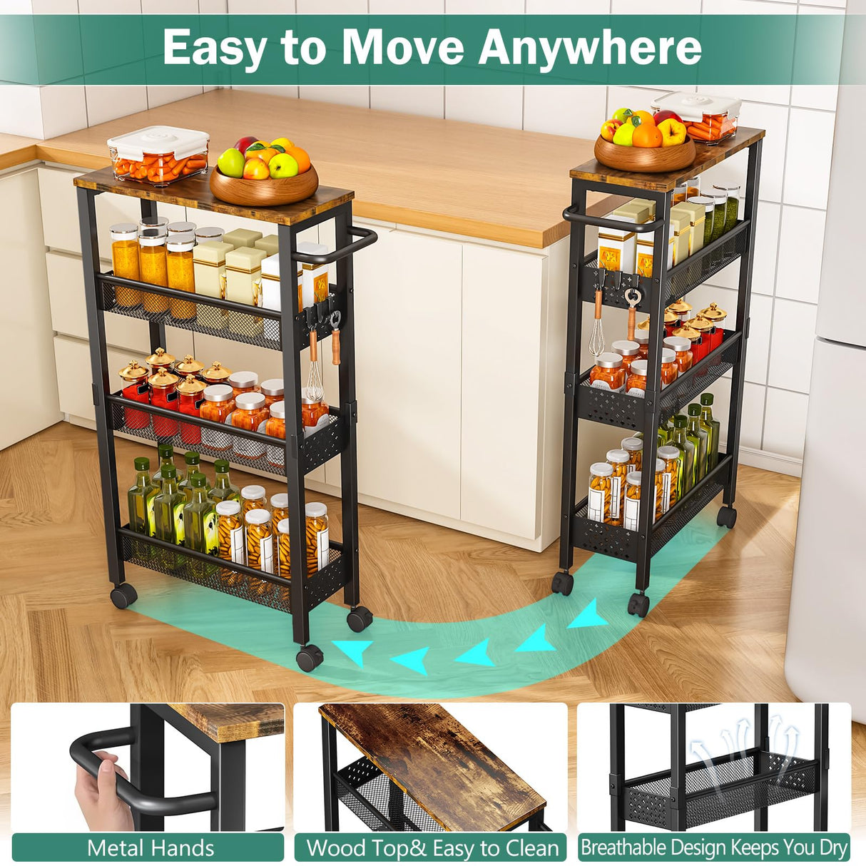 Vivihomety Utility Slim Storage Cart with Wheels, 4 Tier Small Rolling Cart with Wood Top, Metal Kitchen Bathroom Laundry Room Organization Trolley with Handle for Narrow Space – Black Vivihomety