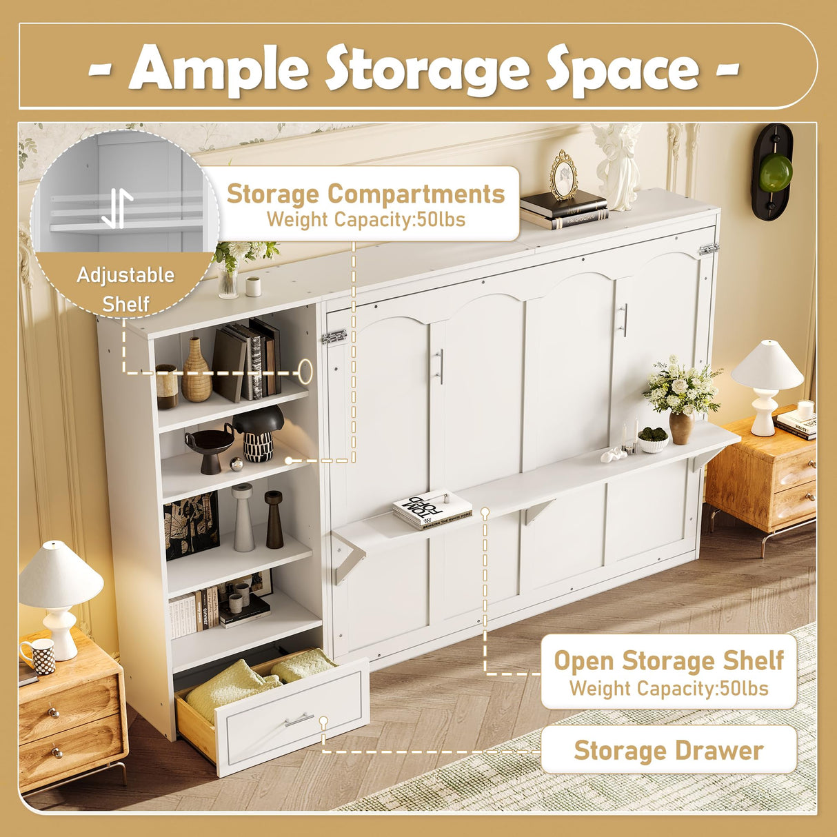 SOFTSEA Queen Horizontal Murphy Bed with Desk, Foldable Wall Bed Frame with Storage Drawers, Shelves & Movable Cabinets, Space-Saving Hideaway Murphy Bed for Small Space, White SOFTSEA