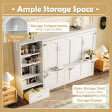 SOFTSEA Queen Horizontal Murphy Bed with Desk, Foldable Wall Bed Frame with Storage Drawers, Shelves & Movable Cabinets, Space-Saving Hideaway Murphy Bed for Small Space, White SOFTSEA