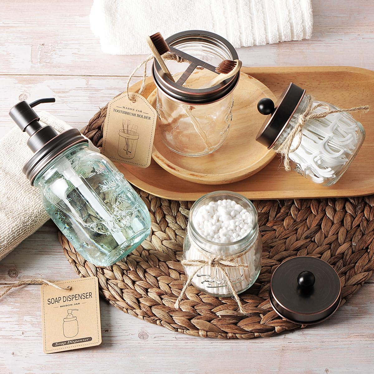 Amolliar Mason Jar Bathroom Accessories Set 4 Pcs -Lotion Soap Dispenser & 2 Qtip Holders & Toothbrush Holder - Rustic Farmhouse Decor, Bathroom Home Decor, Perfect Decorating Idea (Oil Rubbed Bronze) Amolliar