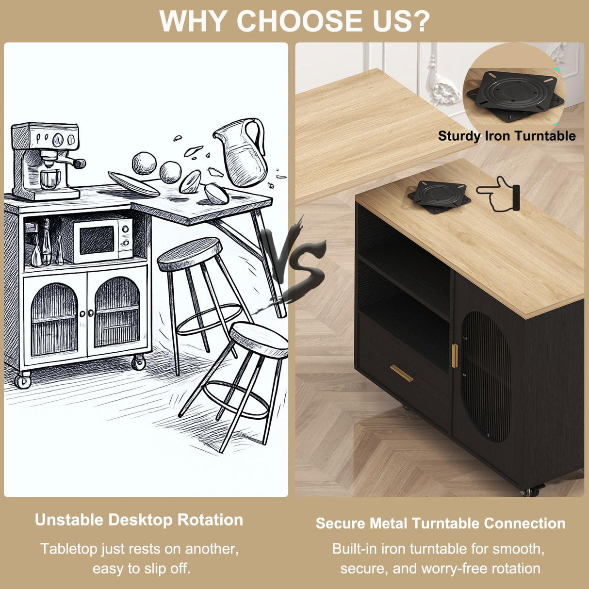 HSH 72" Rolling Kitchen Island with Seating, 360° Swivel Table, Kitchen Island with Storage Cabinet, Drawer & Shelves, Farmhouse Mobile Island Cart on Wheels for Dining Room & Home Bar, Black Oak HSH