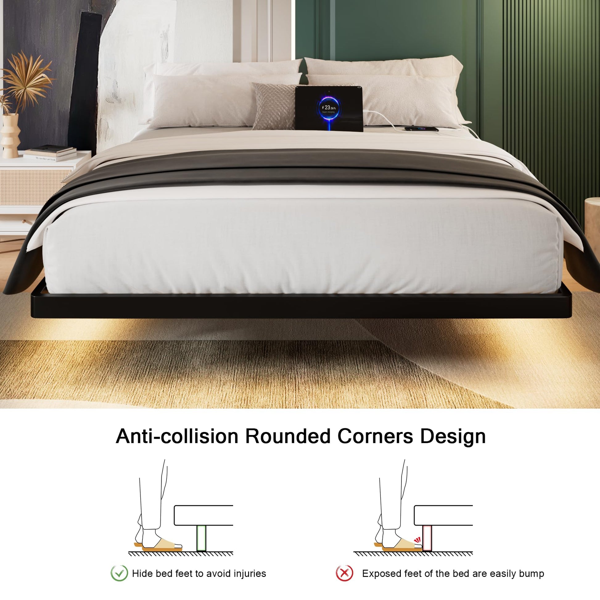 Einhomn Floating Queen Bed Frame with Smart LED Lights & Charging Station – Black Metal Platform, No Box Spring Needed - WoodArtSupply