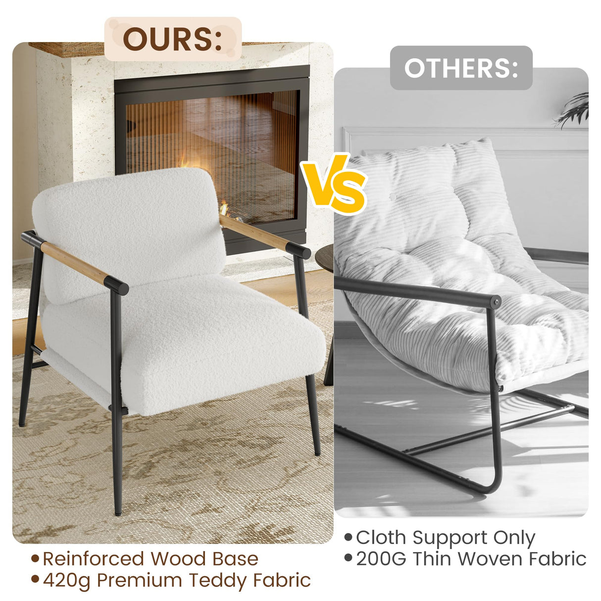 GarveeHome Comfy Chair, Modern Accent Chair with Metal Frame, Cozy Reading Chair with Soft Cushion & Wood Armrest for Bedroom, Living Room, White GarveeHome