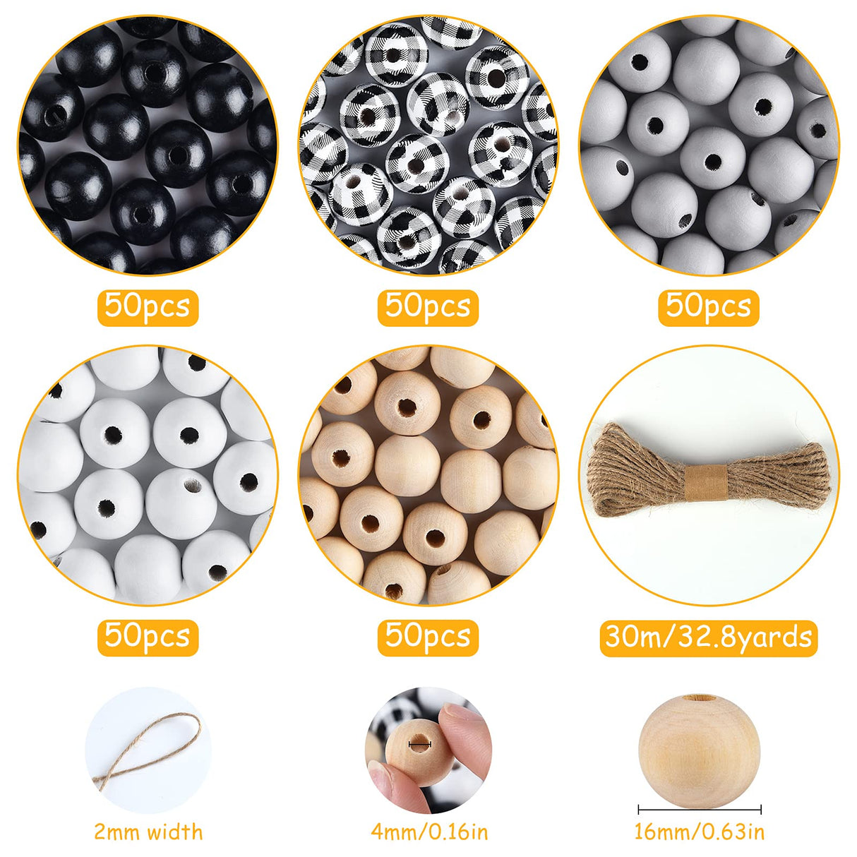 FEPITO 250 Pcs Plaid Wood Beads 16mm Farmhouse Checked Print Wood Beads Natural Buffalo Craft Wood Beads for Decoration Home Decor DIY Craft Supplies FEPITO