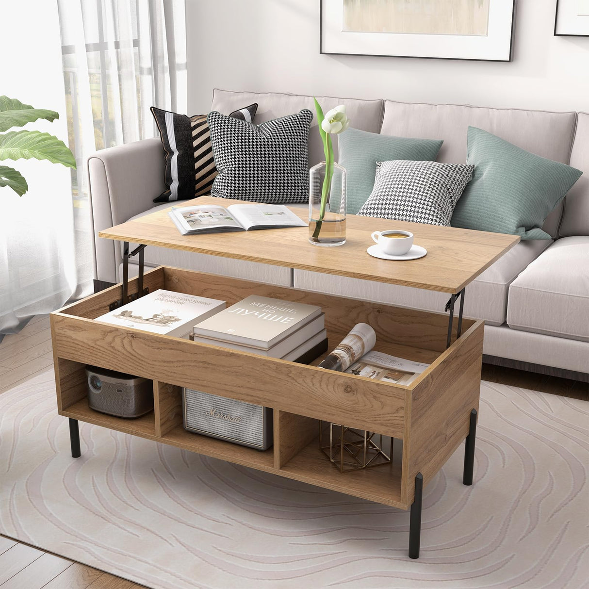Giantex Lift Top Coffee Table - Rectangular Wooden Table w/Hidden Compartment & Open Storage Shelves, Multifunctional Modern Flip Top Center Table for Living Room, Reception Room, Office (Natural) Giantex
