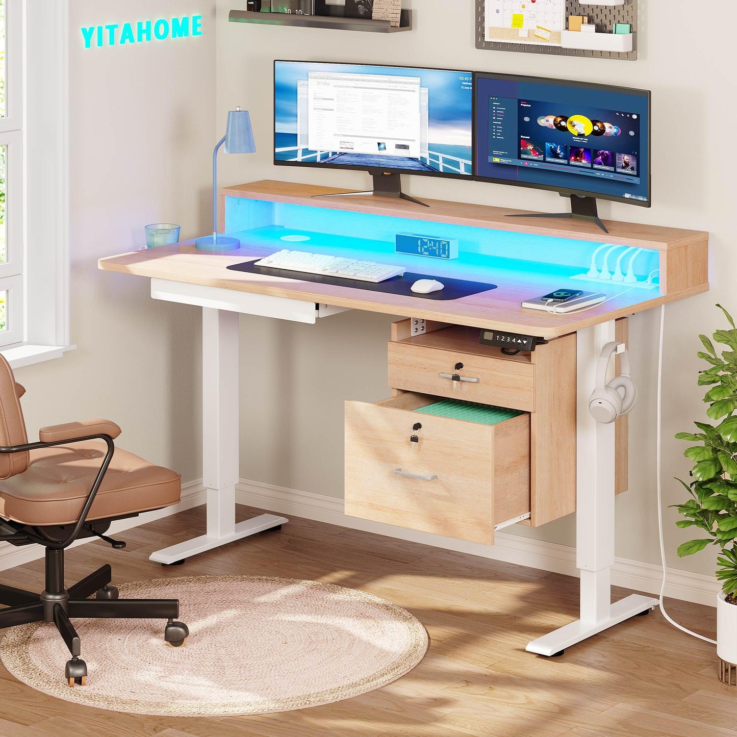 YITAHOME Height Adjustable Electric Standing Desk with Drawers, 48 x 24 Inches Sit Stand Desk with Power Outlets & LED Lights, Electric Desk Stand Up Desk with Monitor Stand, Oak - WoodArtSupply