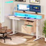 YITAHOME Height Adjustable Electric Standing Desk with Drawers, 48 x 24 Inches Sit Stand Desk with Power Outlets & LED Lights, Electric Desk Stand Up Desk with Monitor Stand, Oak YITAHOME