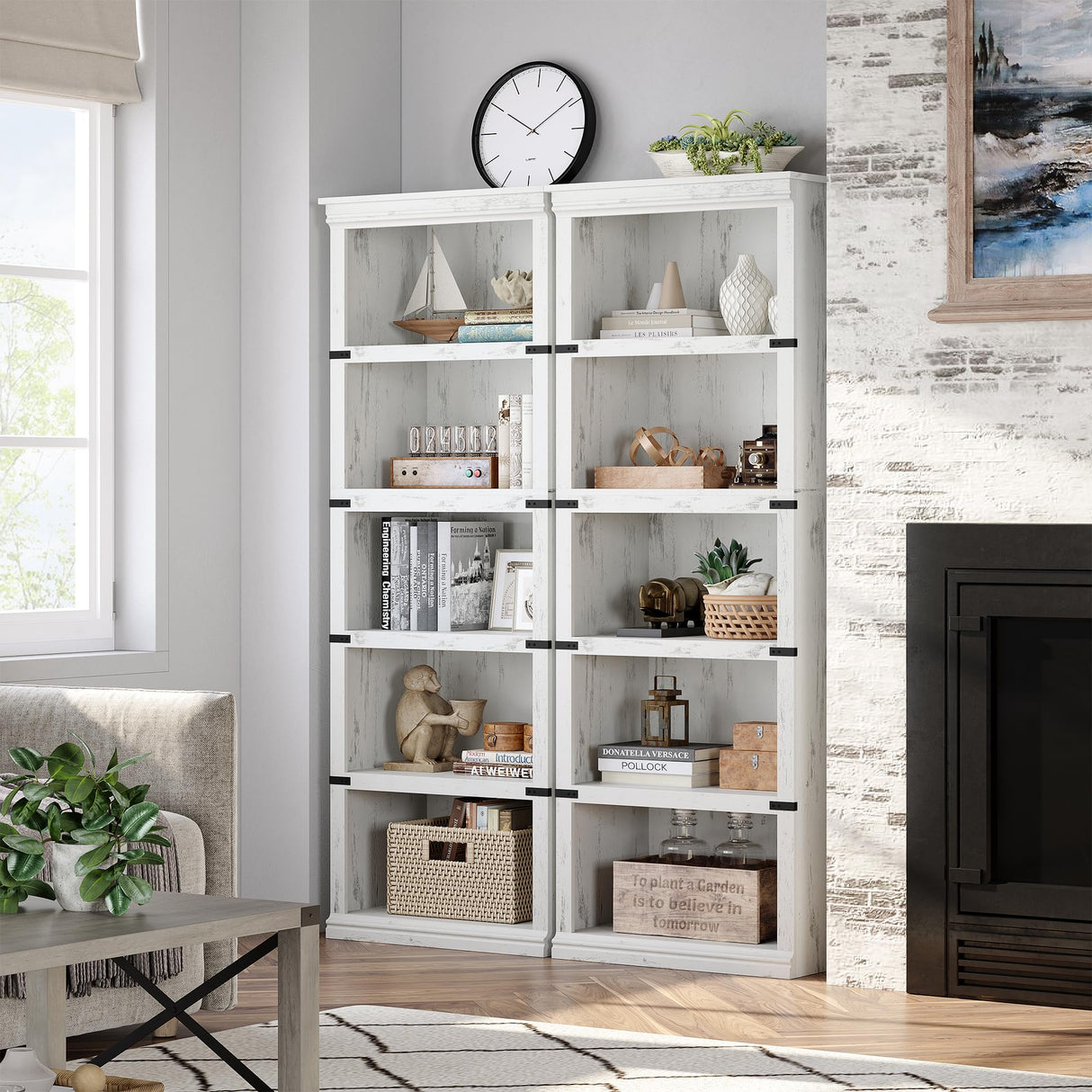 GAOMON 5 Tier Bookcase, Farmhouse Book Shelf with Storage, 67.4 Inch Tall Open Display Bookshelves, Wooden 5 Shelf Bookcase for Living Room, Bedroom-White GAOMON