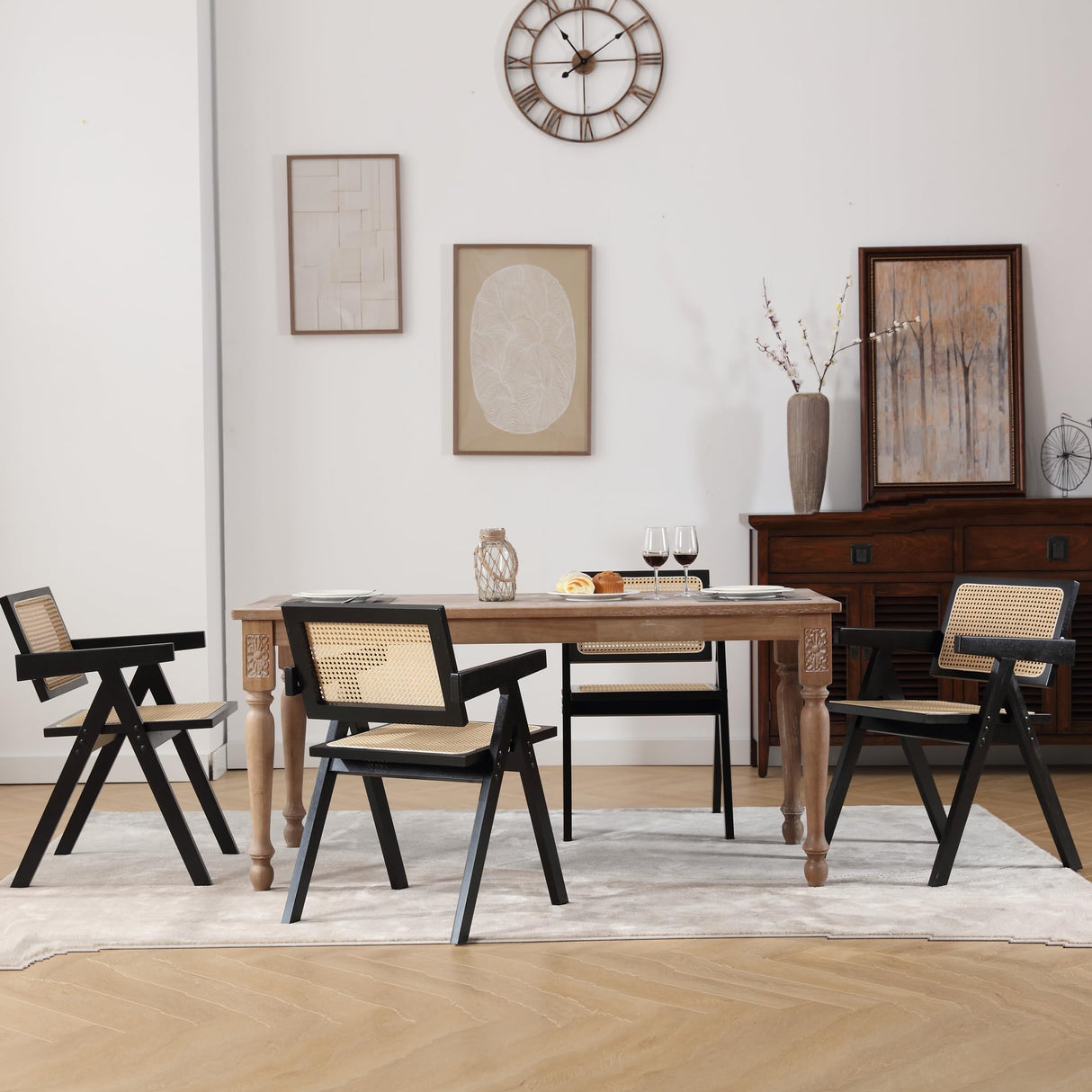 GOOLON Rattan Dining Chairs Set of 4, Rattan Chairs 18 Inch Seat Height for Dining Room, Modern Cane Dining Chair with Woven Backrest, Comfortable Seat, Sturdy Wood Frame for Indoor Kitchen, Black GOOLON