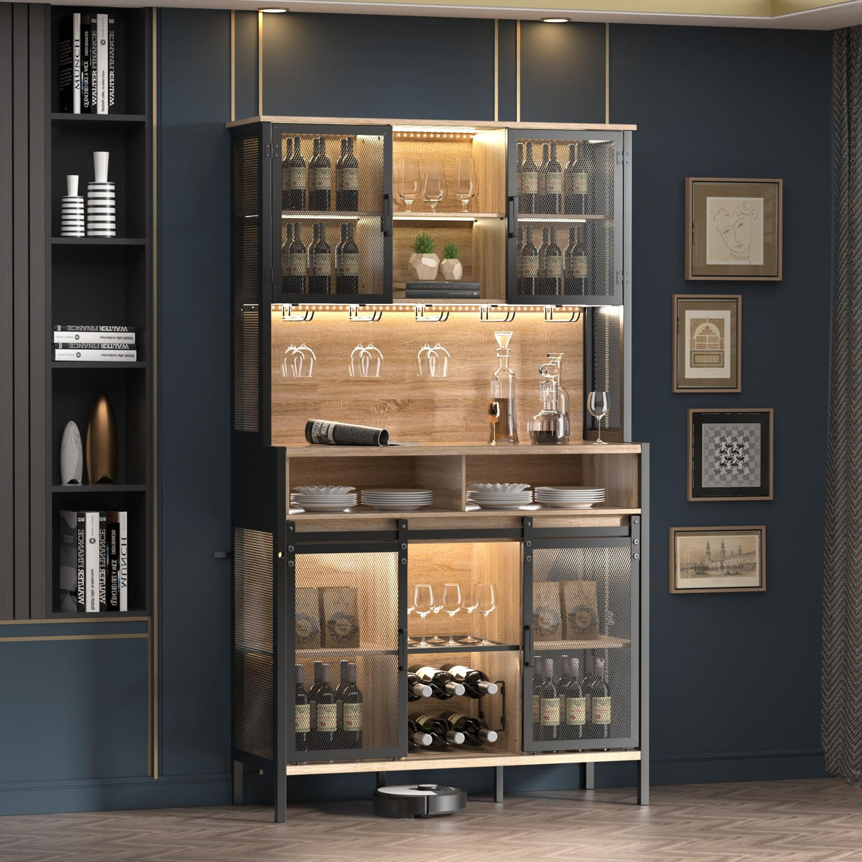 QNICE 72" Coffee & Wine Bar Cabinet with Sliding Barn Door, Farmhouse Buffet Cabinet with Wine Rack & Glass Holder, Led Storage Cabinet for Kitchen Living Dining Room (Rustic Oak) QNICE