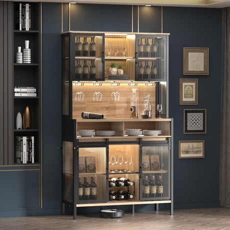 QNICE 72" Coffee & Wine Bar Cabinet with Sliding Barn Door, Farmhouse Buffet Cabinet with Wine Rack & Glass Holder, Led Storage Cabinet for Kitchen Living Dining Room (Rustic Oak) QNICE