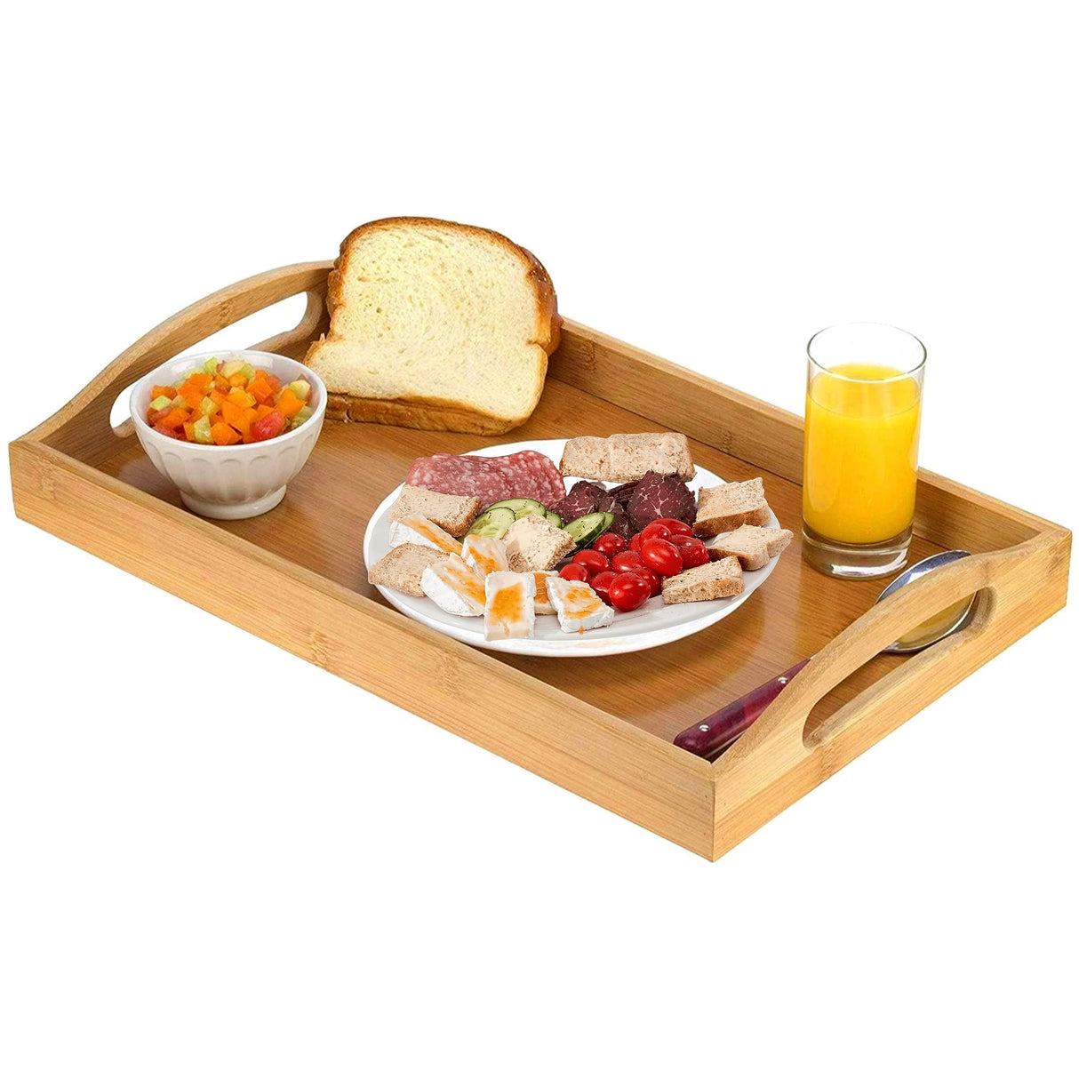 Serving tray bamboo - wooden tray with handles - Great for dinner trays, tea tray, bar tray, breakfast Tray, or any food tray - good for parties or bed tray HOME IT