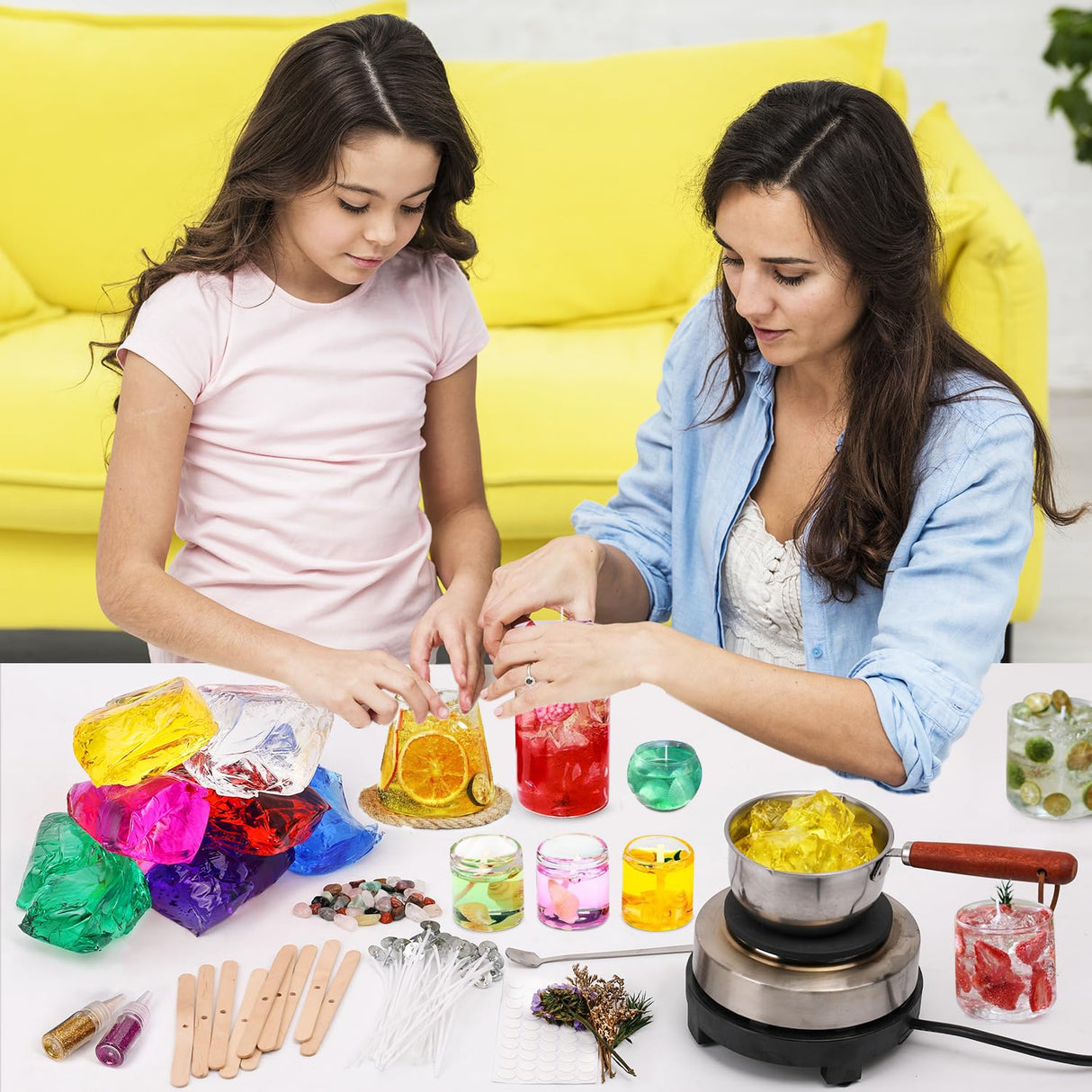 Jelly Candle Making Kit,9pcs Gel Wax -7 Colors Candle Making kit，Includes Wax Wicks Wick Stickers，Wooden Wick Holders and More，DIY Starter Candle Making Kit 2.8LB/45oz Blingfun