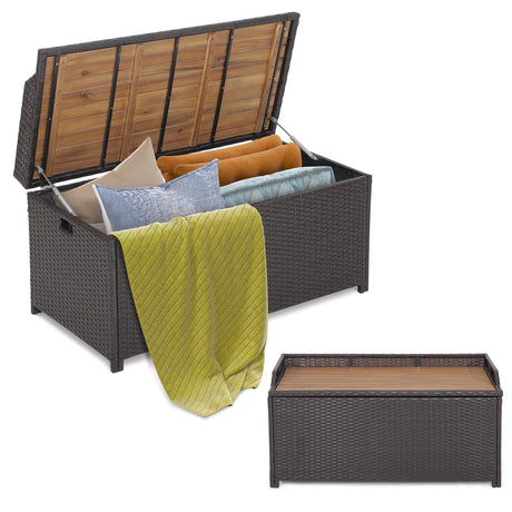Tangkula 45 Gallon Outdoor Storage Bench, Mix Brown Rattan Storage Container with Zippered Liner, Acacia Wood Top Lid, Sturdy Gas Strut Support, 3-in-1 Multifunctional Deck Box for Front Porch, Garden Tangkula