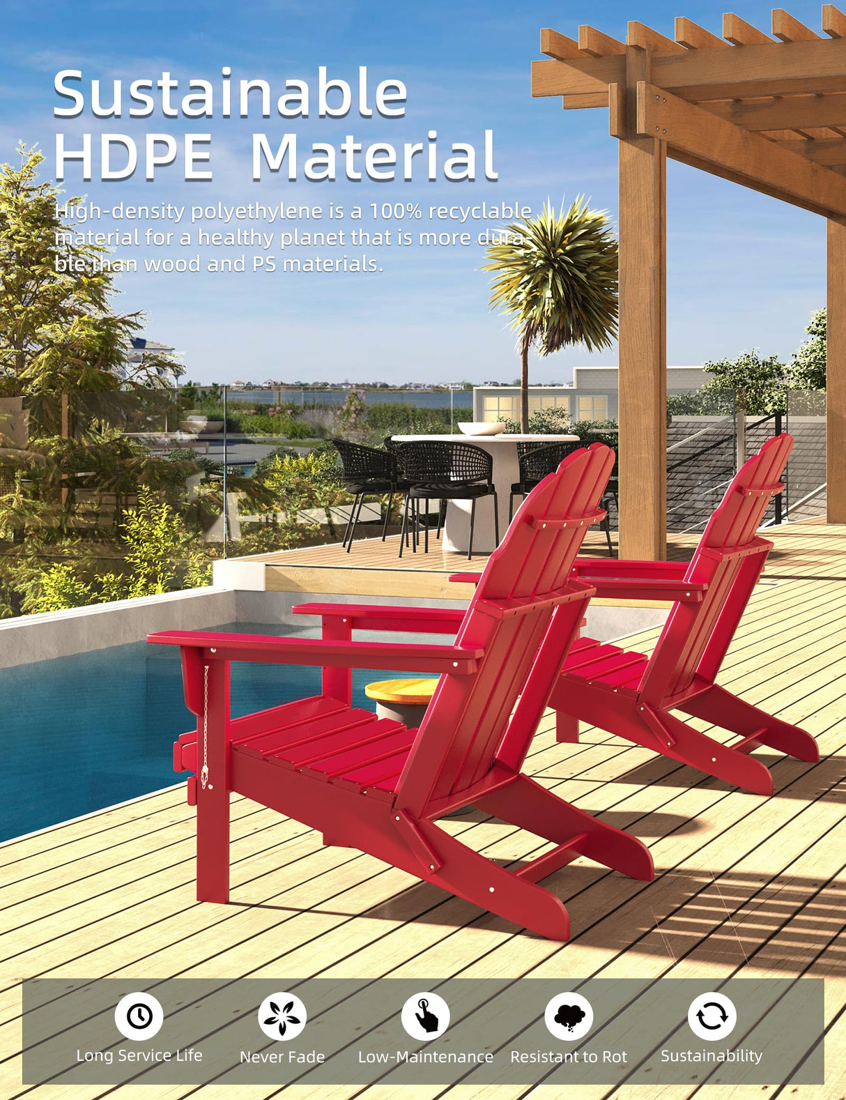 Folding Adirondack Chair - Durable HDPE Poly Lumber All-Weather Resistant, Foldable Oversized Balcony Porch Patio Outdoor Chair for Lawn, Backyard, Deck, Garden, Camping - Easy Installation, Red BUPPLEE