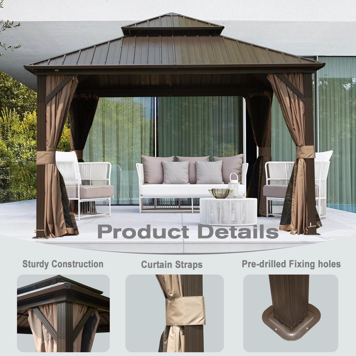 Domi 10' X 10' Hardtop Gazebo, Aluminum Metal Gazebo with Galvanized Steel Double Roof Canopy, Curtain and Netting, Permanent Gazebo Pavilion for