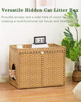 SETVSON Cat Litter Box Enclosure Furniture, Handwoven Rattan Hidden Litter Box with Mat, Large Space Cat House with 2 S-Shaped Hooks 30.3 x 18.3 x 24.4 Inches, Indoor for Living Room Apartment Natural SETVSON