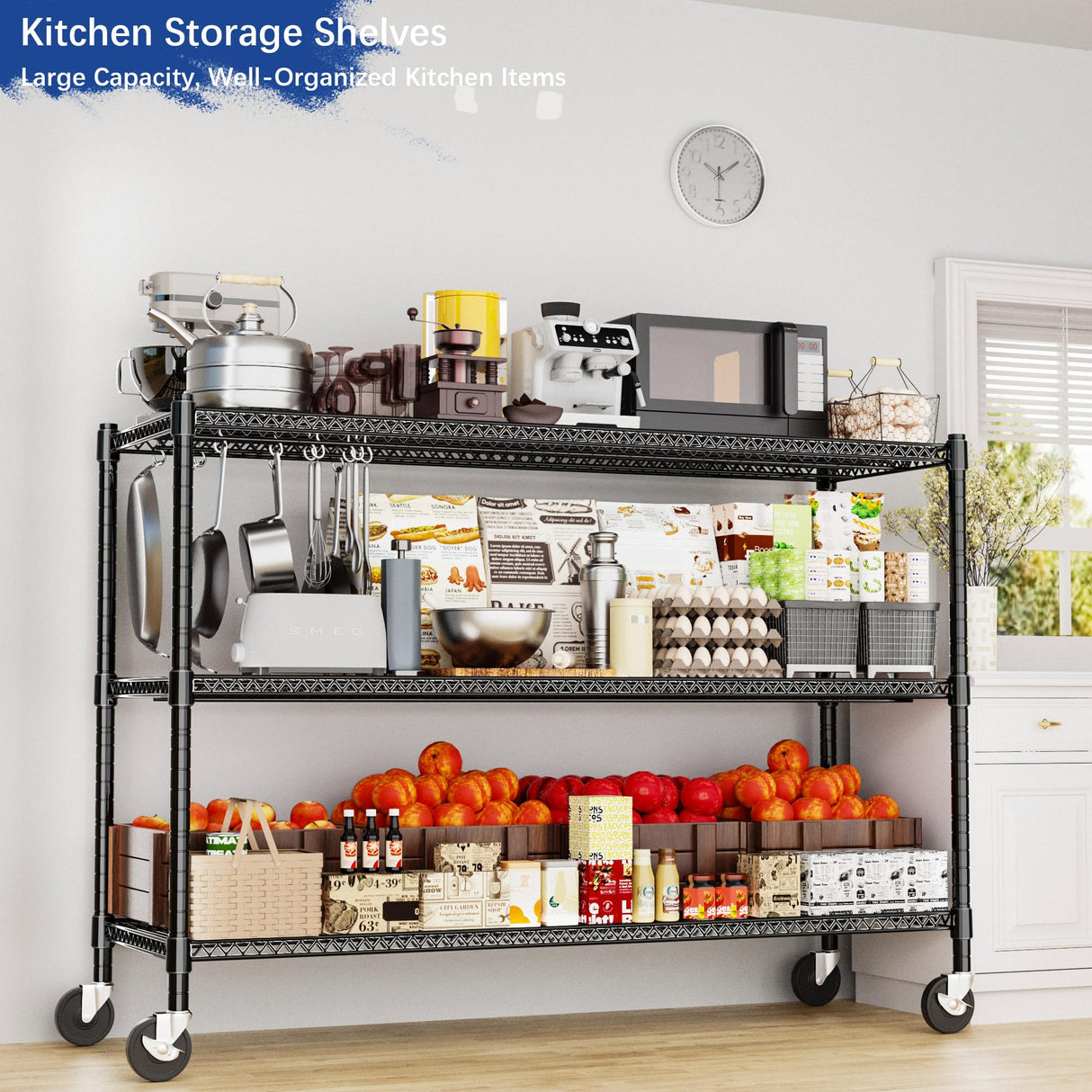 Heavy Duty Shelving, 51.6" H Garage Shelving Unit with Wheels, 3-Tier Garage Storage Shelves Metal Shelves Rack, Adjustable Industrial Shelving for Warehouse Storage, 60" W x 24" D x 51.6" H, Black GIOTORENT