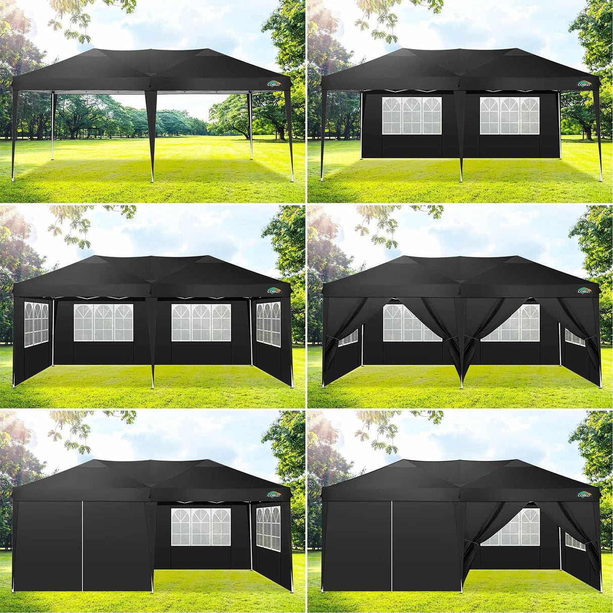COBIZI Canopy 10x20 Pop Up Canopy Tent with 6 Sidewalls, Waterproof Outdoor Event Shelter Gazebo Sun Shade Portable 10x20 Tents for Parties Beach Camping Commercial Instant Canopy (Black, 10'x20') COBIZI