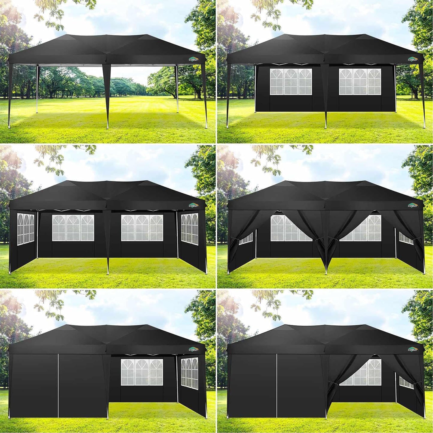 COBIZI Canopy 10x20 Pop Up Canopy Tent with 6 Sidewalls, Waterproof Outdoor Event Shelter Gazebo Sun Shade Portable 10x20 Tents for Parties Beach Camping Commercial Instant Canopy (Black, 10'x20')