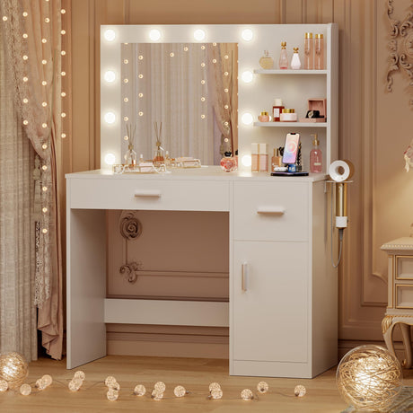 JUMMICO 35.4" Vanity Desk with LED Mirror & Power Outlet, Makeup Vanity Table with 3 Open Storage Shelves, Drawers and Cabinet, 3 Model Adjustable Lights for Bedroom & Dressing Room (White) JUMMICO