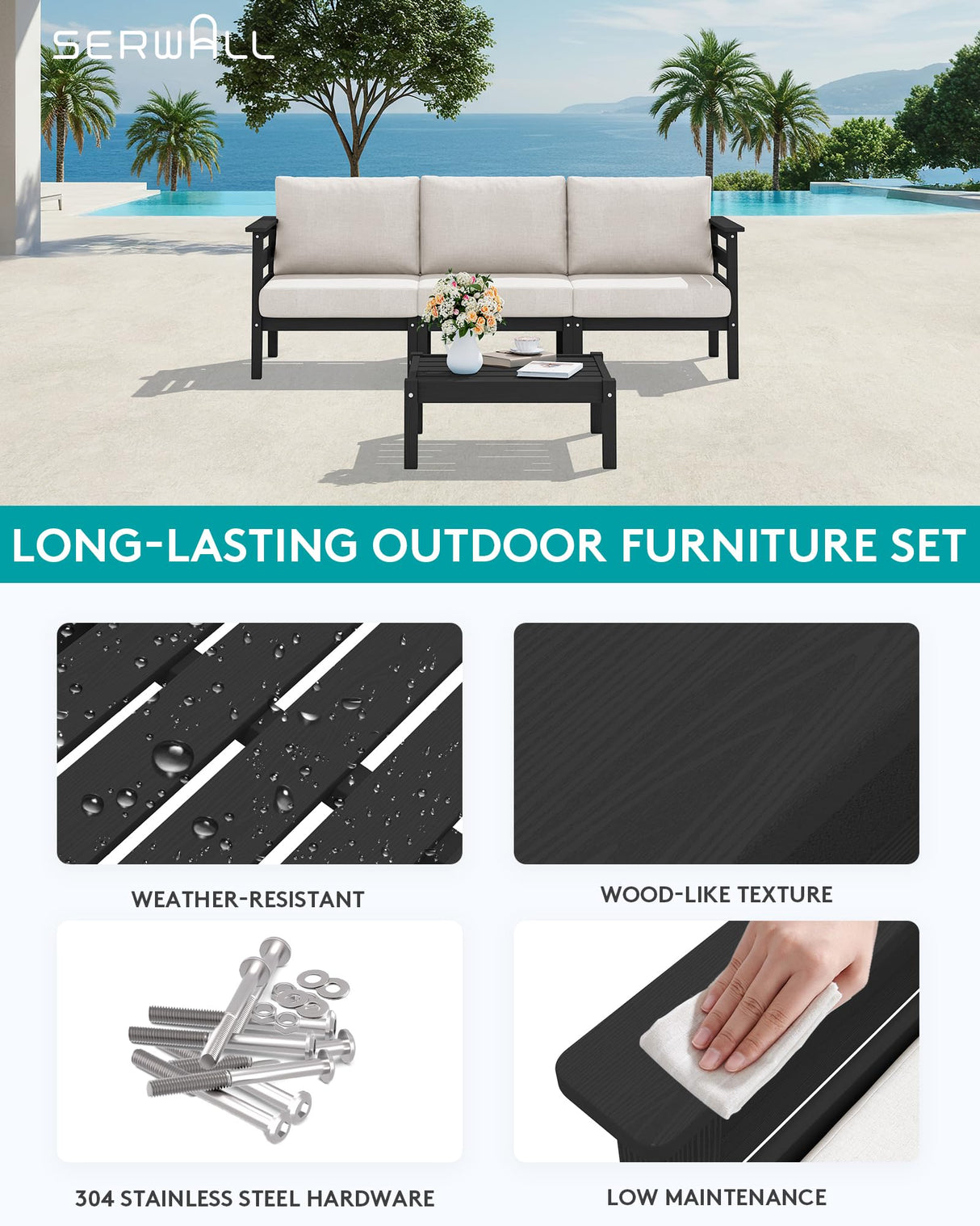 SERWALL HDPE Outdoor Furniture Set, 4 Pieces Patio Sectional Sofa Set, All-Weather Wood-Like Outdoor Sofa with Coffee Table for Deck, Garden, Black Frame with Khaki Cushion SERWALL