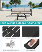 SERWALL HDPE Outdoor Furniture Set, 4 Pieces Patio Sectional Sofa Set, All-Weather Wood-Like Outdoor Sofa with Coffee Table for Deck, Garden, Black Frame with Khaki Cushion SERWALL