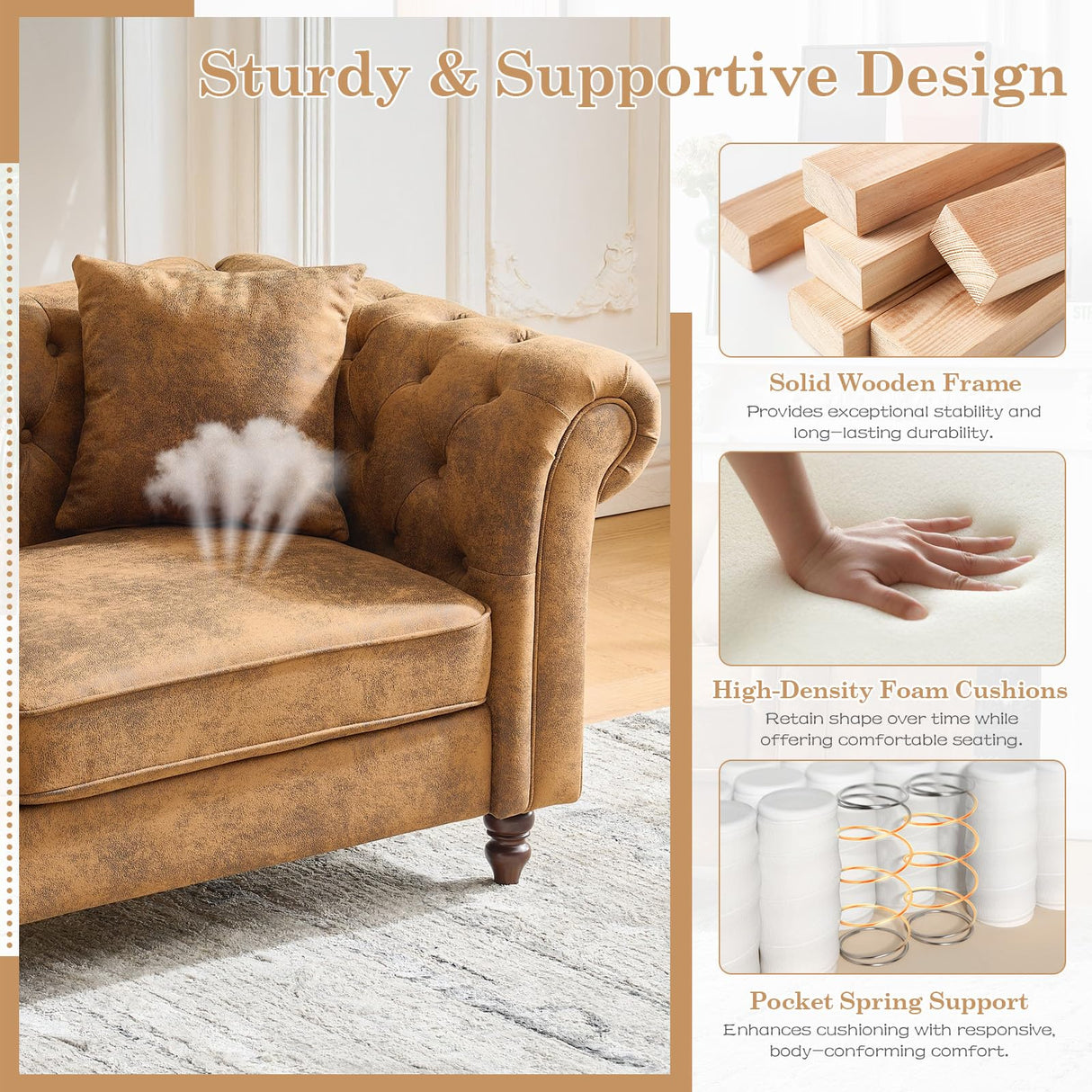 Mid Century Modern Faux Leather Couch Set of 2, Tufted Couch and Loveseat Set muebles para la sala Comfy Chesterfield Upholstered Office Furniture Living Room Sofa Set 2 Piece (Brown, 3+3 Seater) SLEERWAY