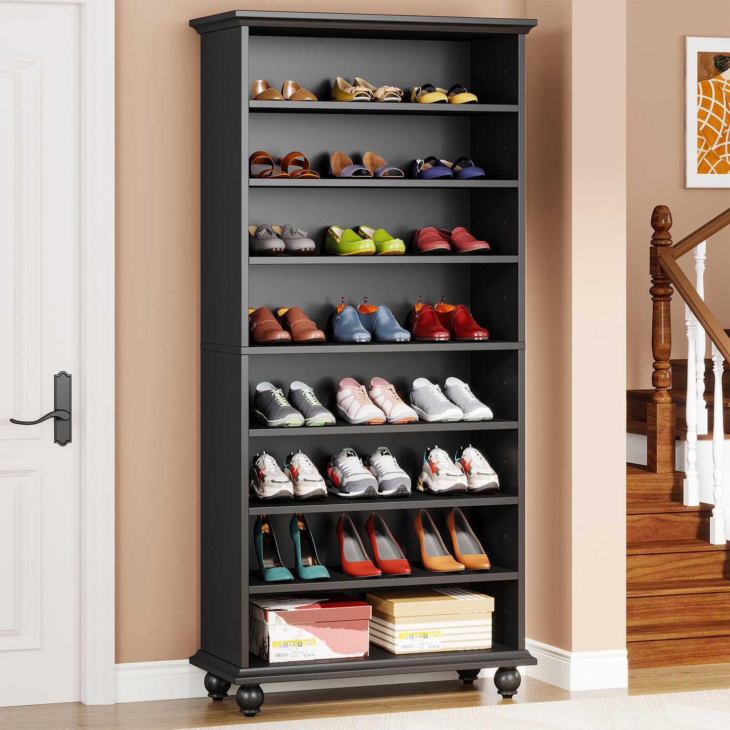 Tribesigns Narrow Tall Shoe Cabinet with LED Lighting, 9-Tier 30 Pairs Freestanding Shoes Storage Cabinet, Wood Shoe Organizer Cabinet with Solid Wooden Legs for Entryway (1, Black) - WoodArtSupply