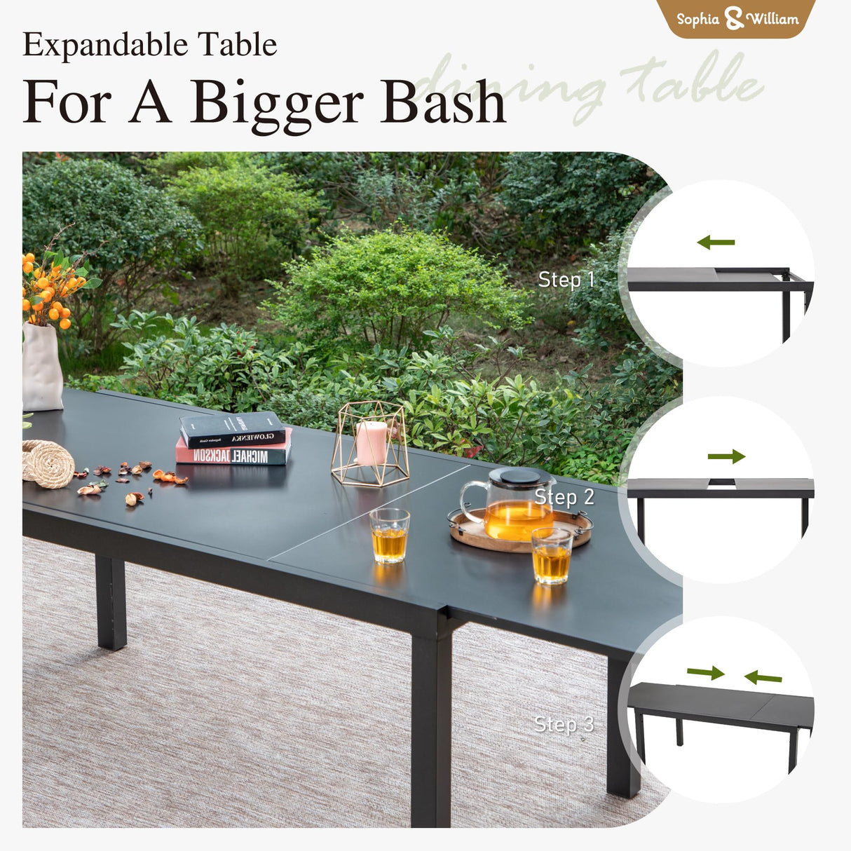 Sophia & William Expandable Patio Dining Table, Extra Large 99.2" L x 35.5" W Outdoor Dining Table for 6-10 Person Metal Rectangular Patio Table with E-Coating for Garden Porch Deck (Black) Sophia & William