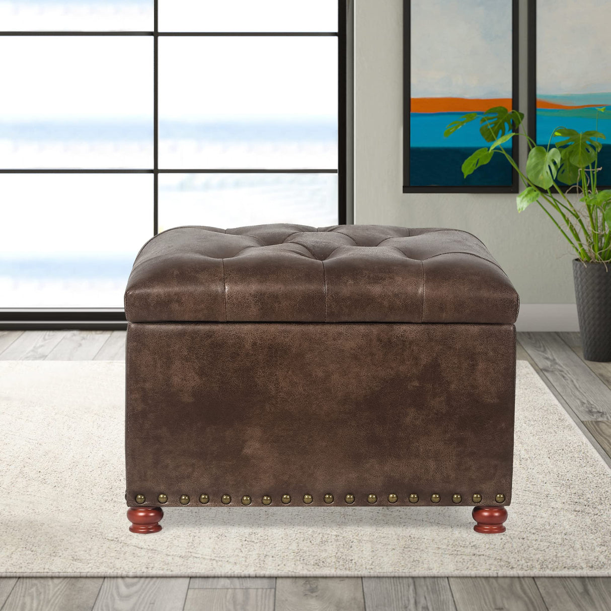Decent Home 24'' Leather Ottoman with Storage Rectangle Foot Rest Ottomans Stool for Living Room(Brown,Leather Texture) Decent Home