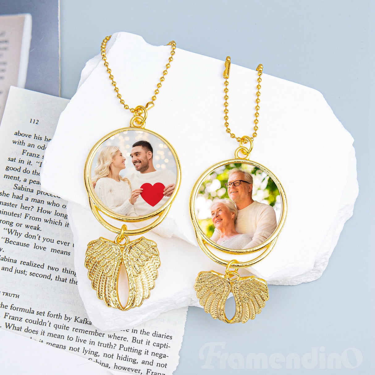 Framendino, 5 Pack Gold Angel Wing Pendant Car Hanging Ornament with Sublimation Blank Heat Transfer Photo for DIY Crafting Framendino