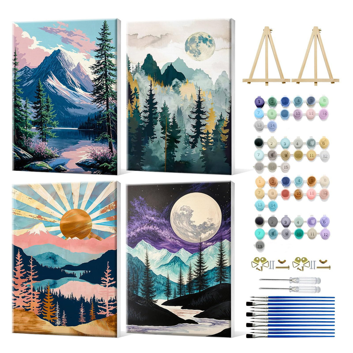 JOOZ 4 Pack Framed Paint by Numbers Kit for Adults, Mountain Sunset Paint by Number with Easel, DIY Moon Lake Adult Paint by Number Kits on Canvas, Landscape Oil Painting Kit for Home Decor 8x12 Inch JOOZ