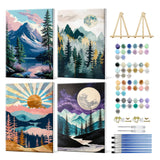 JOOZ 4 Pack Framed Paint by Numbers Kit for Adults, Mountain Sunset Paint by Number with Easel, DIY Moon Lake Adult Paint by Number Kits on Canvas, Landscape Oil Painting Kit for Home Decor 8x12 Inch JOOZ