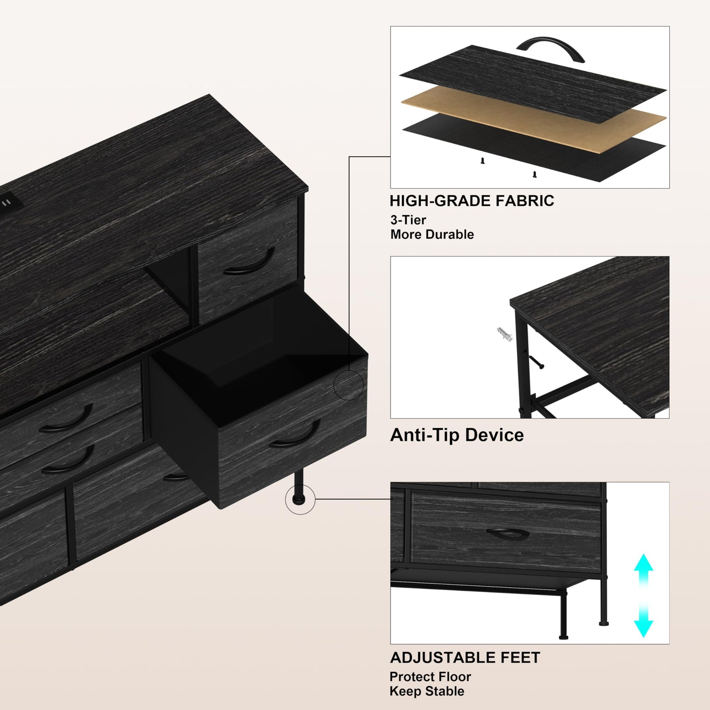 Simoretus Wide Dresser with Charging Station and LED Light for Bedroom 8 Fabric Drawers Chest of Drawers with Power Outlet Storage Open Shelf for Living Room TV Stand Closet Hallway (Charcoal - WoodArtSupply