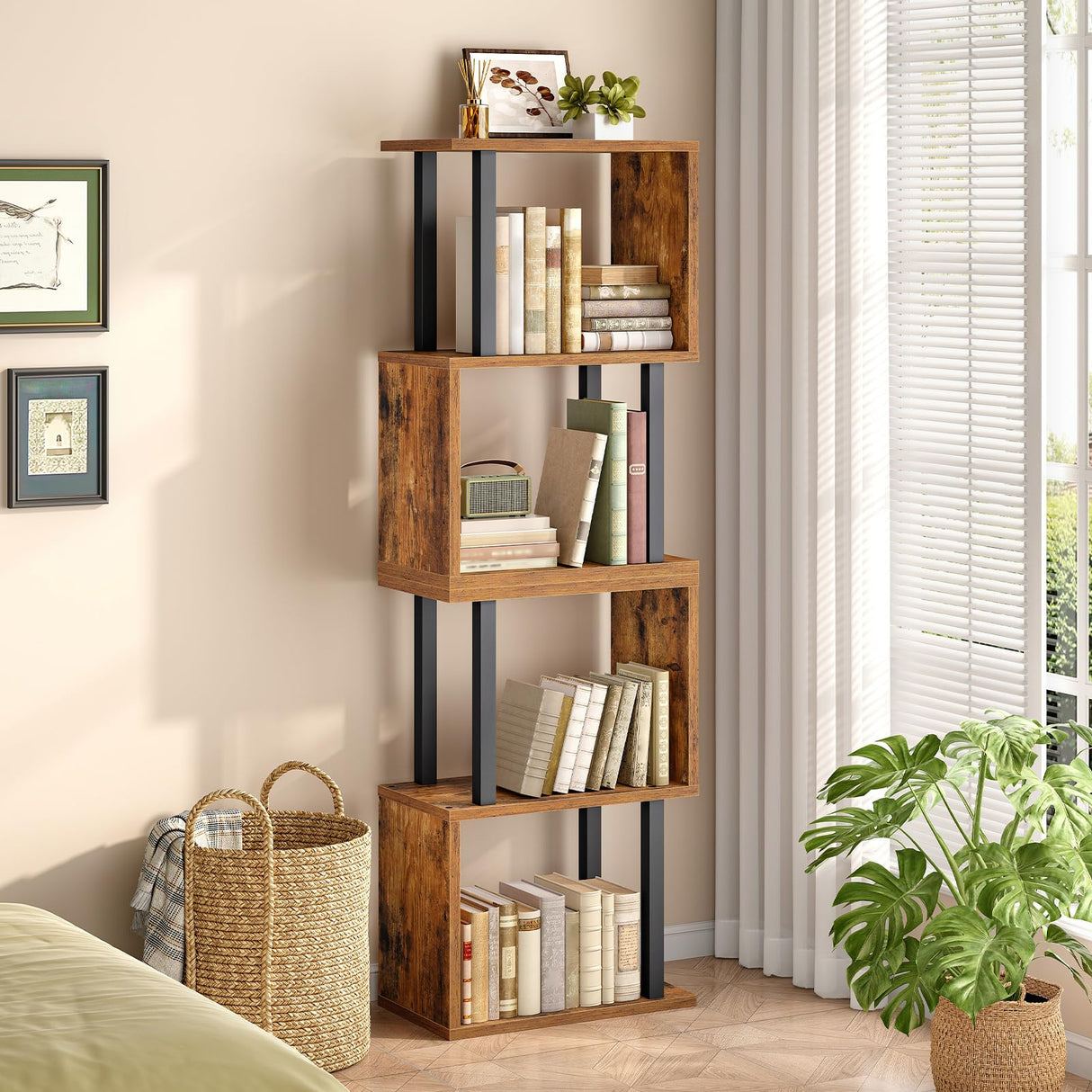 HOOBRO 5-Tier Bookshelf, S-Shaped Geometric Bookcase, Modern Display Shelf, Wooden and Metal Decorative Divider Rack, 2-in-1 Folding Bookshelf for Office, Living Room, Rustic Brown and Black BF20SJ01 HOOBRO