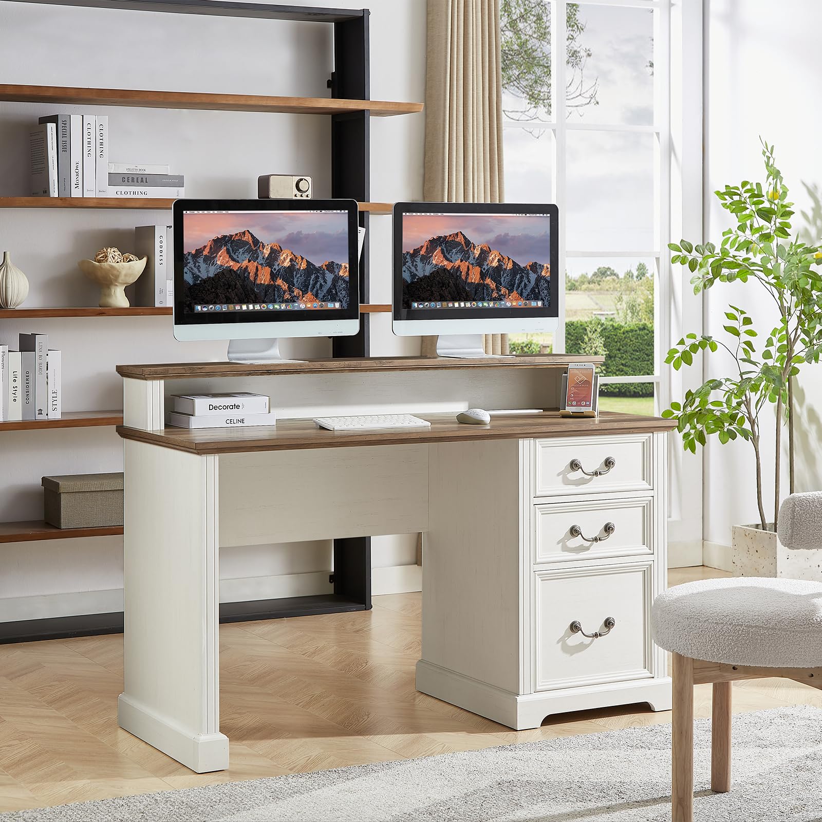 Vagaconl 55in Farmhouse Desk with Outlets, Mid Century Modern Desk with Charging Station File Cabinet, Storage Cabinet, Vintage Computer Writing Desk,Home Office,White and Brown - WoodArtSupply