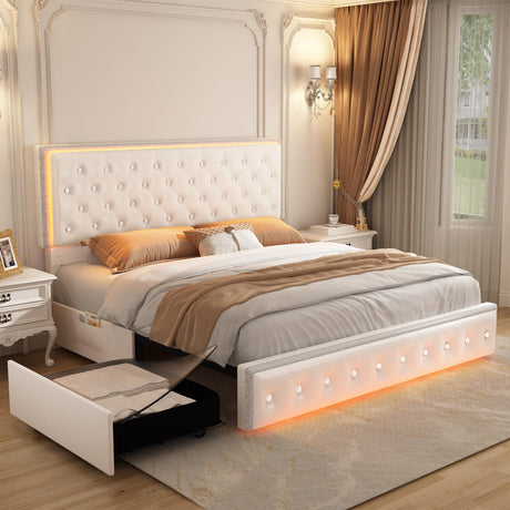 SIBEDS Full Led Bed Frame with 2 Drawers, Storage Platform Bed with Upholstered Crystal Button Tufted Headboard Footboard, 2 Side Pockets, No Box Spring Needed, PU White SIBEDS