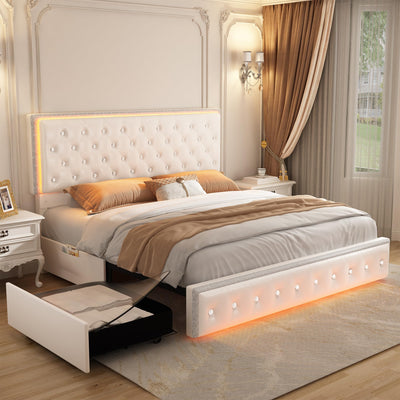 SIBEDS Full Led Bed Frame with 2 Drawers, Storage Platform Bed with Upholstered Crystal Button Tufted Headboard Footboard, 2 Side Pockets, No Box Spring Needed, PU White
