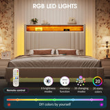 Fameill King Size LED Bed Frame with 51.6" Tall Headboard, Upholstered Platform Bed with Charging Station & Storage, No Box Spring Needed, Easy Assembly, Sturdy and Noise-Free, Beige Fameill