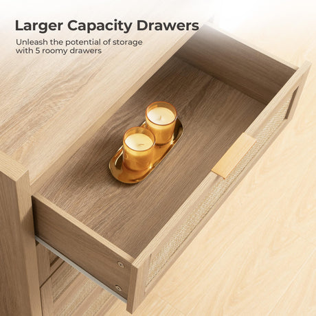 SICOTAS Dresser for Bedroom Chest of Drawers 46" Tall Dresser for Closet with 5 Rattan Drawers Boho Night Stand Large Clothes Storage Cabinet for Living Room Hallway Nursery Entryway SICOTAS