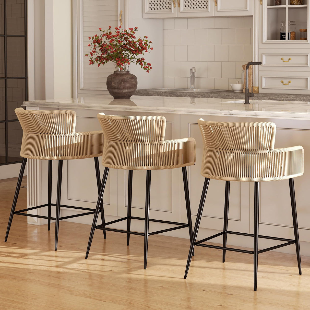 HNY Farmhouse Woven Bar Stools Set of 3, 26 Inch Linen Upholstered Rattan Barstools with Curved Backs, Modern Cane Counter Height Bar Chairs with Metal Legs and Armrest for Kitchen Island, Beige HNY