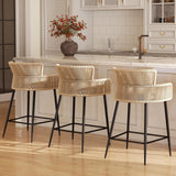 HNY Farmhouse Woven Bar Stools Set of 3, 26 Inch Linen Upholstered Rattan Barstools with Curved Backs, Modern Cane Counter Height Bar Chairs with Metal Legs and Armrest for Kitchen Island, Beige HNY